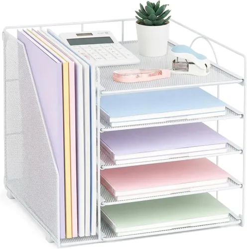 Vista 16 de LEKETREE Organizador de escritorio y accesorios, organizador de bandejas de papel de 5 niveles con cajón y 2 soportes para bolígrafos