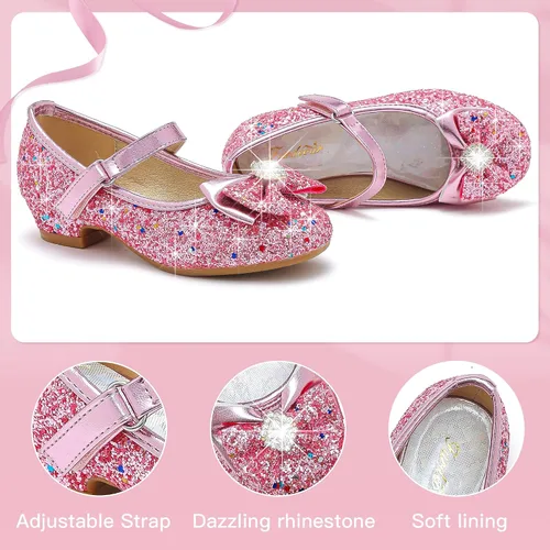 Vista 4 de Furdeour Zapatos de vestir para niñas, Mary Jane, boda, flores, damas de honor, tacones con purpurina, zapatos de princesa para niños pequeños