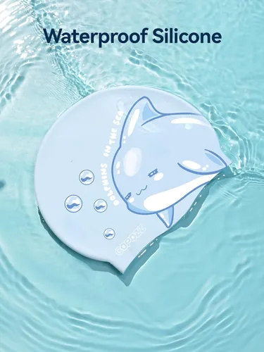 Vista 2 de COPOZZ Gorros de natación para niños, de silicona, impermeable, cómodo, gorro de natación para cabello largo y corto