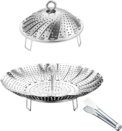 Vista 7 de Cesta de vapor de verduras de acero inoxidable 304, inserto expandible para cocinar, se adapta a ollas de 6.4 a 10.2 pulgadas, incluye pinzas