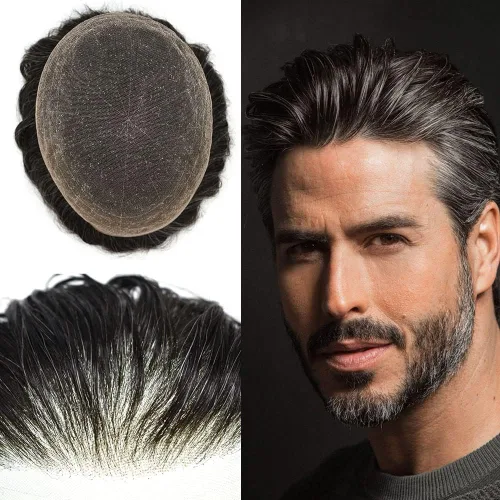 Vista 9 de Toupee para hombres Piezas de cabello humano real, encaje francés completo para hombres, pieza de cabello, nudos blanqueados, línea capilar natural
