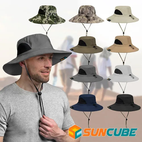 Vista 7 de SUN CUBE Sombrero de ala ancha para hombres y mujeres, sombreros de pesca, protección solar UV, sombrero de pescador, sombrero de pescador