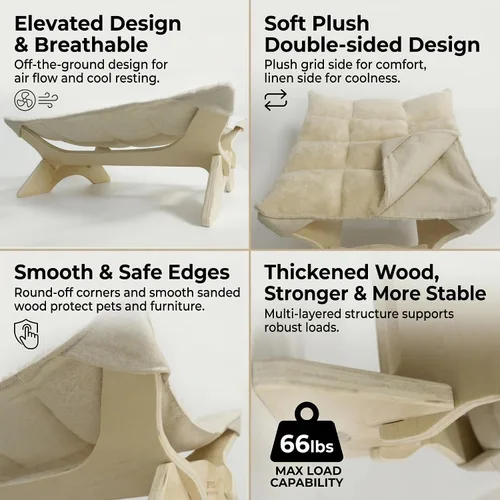 Vista 4 de JSPYFITS Hamaca elevada para gatos, cama ortopédica elevada para perros con cojín de felpa y lino de doble cara, muebles modernos para gatos