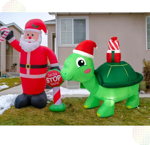 Vista 6 de Shappy - Decoración inflable gigante de Navidad de 1.49 m con tortuga con gorro de Papá Noel, decoración inflable con luces LED de Navidad