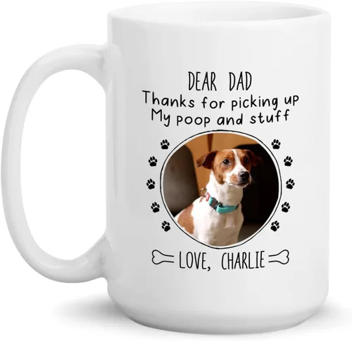Vista 13 de Taza de café blanca personalizada con foto, con texto en inglés «To The World's Best Dog Dad We Woof You», taza de café blanca de 11 onzas y 15
