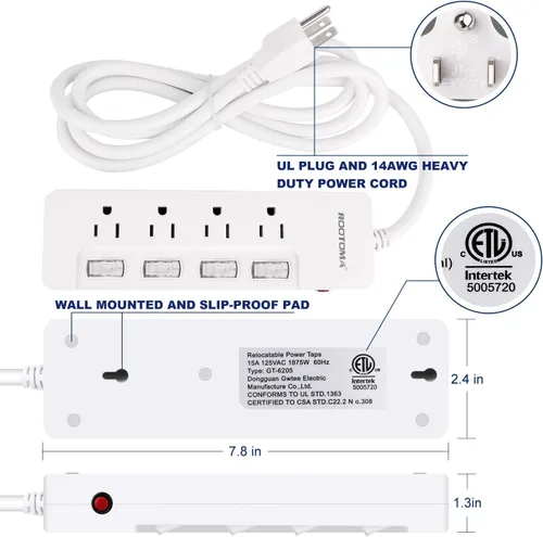 Vista 7 de ROOTOMA Regleta protectora de sobretensiones con interruptores individuales, certificado ETL, cable de extensión largo de 6 pies 14 AWG 1875 W/15 A