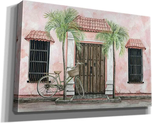 Vista 2 de Epic Graffiti Arte de pared en lienzo Giclée con texto en inglés "Palms And Bike" de Cindy Jacobs, 18 x 12 pulgadas