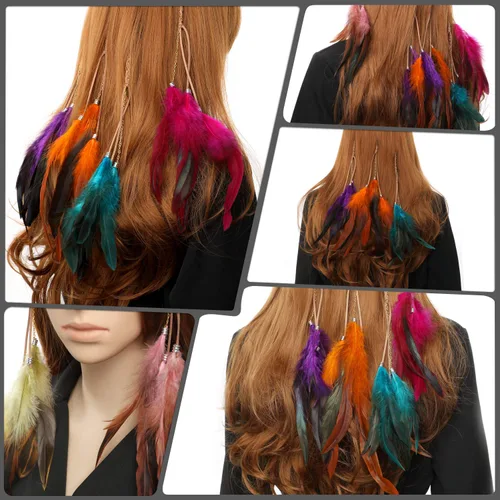 Vista 6 de MWOOT 6 extensiones de pelo de plumas con clip, extensión de plumas hecha a mano, accesorios para el cabello de disfraz de Halloween para mujer