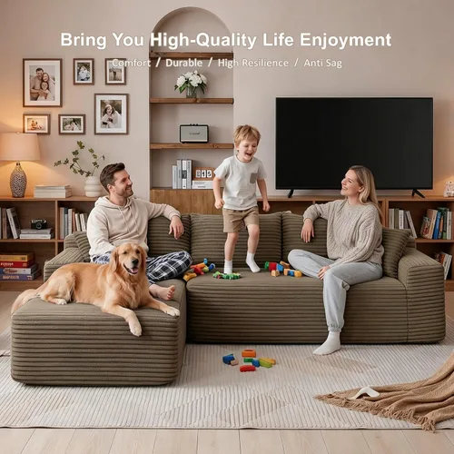 Vista 5 de Sofá modular en forma de L de 108 pulgadas, sofá modular sin hueso para sala de estar, cómodo sofá esponjoso de pana con asiento profundo Camel