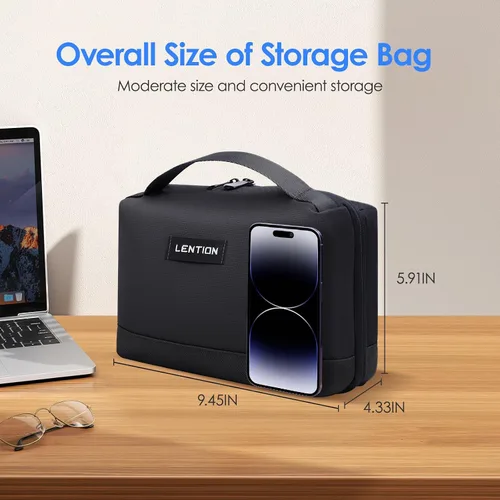 Vista 2 de LENTION Premium - Bolsa organizadora de artículos electrónicos impermeable con asa Large Multi-Compartment Carry Case Fits Tablet, Chargers