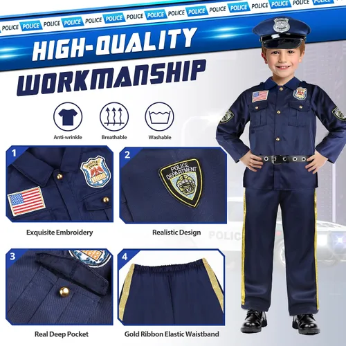 Vista 3 de Disfraz de oficial de policía para niños, uniforme de policía para niños, disfraces de Halloween para niños y niñas, disfraz de policía, kit