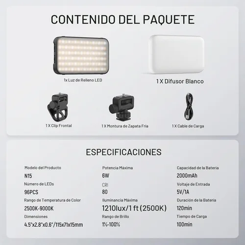 Vista 8 de NEEWER Versión de Nivel de Entrada Luz de Selfie para Teléfono para iPhone, 2500-9000K CRI80 2000mAh Recargable Luz de Clip de Plástico