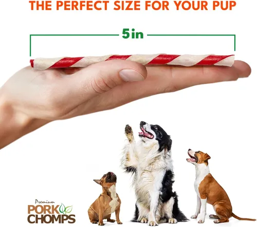 Vista 4 de Pork Chomps Masticables para perros de piel de cerdo al horno, 5 en mini giros, Pepperoni, 30 unidades Horneado con piel de cerdo real: un