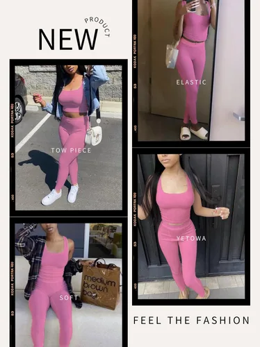 Vista 4 de Conjunto deportivo de 2 piezas para mujer, camiseta sin mangas de punto acanalado para yoga, leggings de cintura alta, conjuntos de ropa deportiva