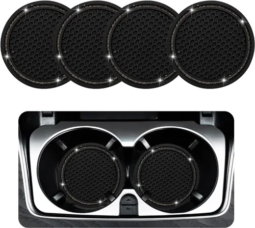 Vista 13 de Ziciner Paquete de 4 posavasos brillantes para automóvil, portavasos de goma suave con cristal, tapete antideslizante con diamantes de imitación