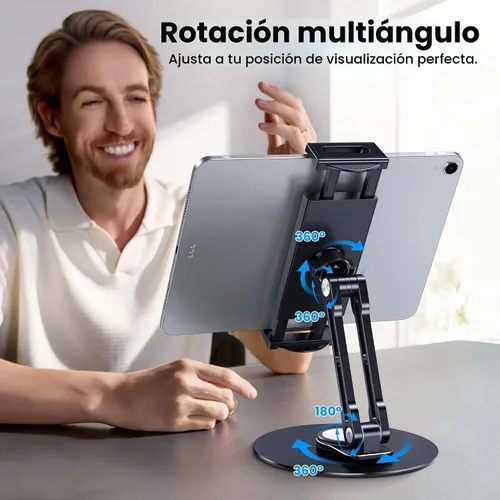 Vista 2 de Soporte para tableta para iPad, ajustable con base giratoria de 360 grados para escritorio Soporte giratorio de aluminio para tableta compatible