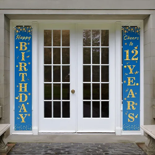 Vista 5 de Cartel de feliz cumpleaños número 12 para porche, decoración azul – Decoración temática de fiesta de bienvenida a los 12 años para niños y niñas