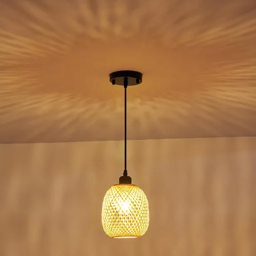 Vista 3 de 1 lámpara colgante de bambú tejida a mano, estilo bohemio, elegante, cordón ajustable, ratán de bambú, lámpara colgante de techo para comedor, bar