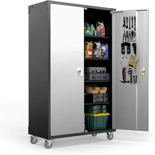 Vista 21 de VINGLI Armario de Pared para Garaje con Puertas con Cerradura y Estante Ajustable, Gabinete de Pared de Metal, Gabinete de Almacenamiento Superior
