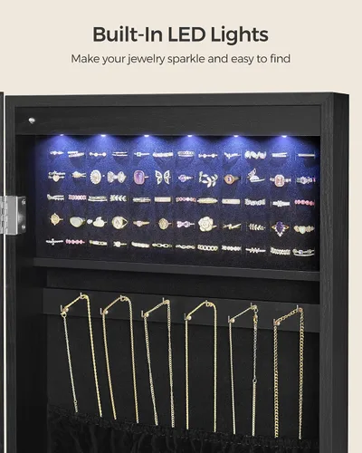 Vista 6 de SONGMICS Gabinete colgante de joyería, gabinete montado en la pared con luces interiores LED, organizador de joyas montado en la puerta, espejo