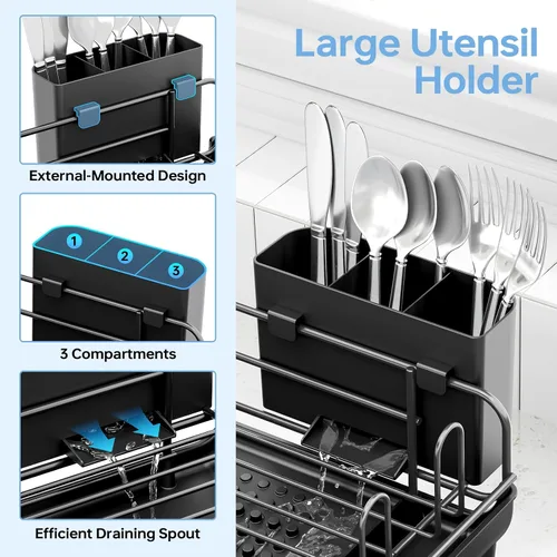 Vista 7 de TOOLF Escurridor de platos grande, escurridor de platos expandible para encimera de cocina, escurridor de platos multifuncional, elementos Negro