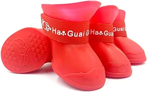 Vista 5 de Botas de lluvia de goma antideslizantes y impermeables para perros, color caramelo, cubierta para patas (negro, S)