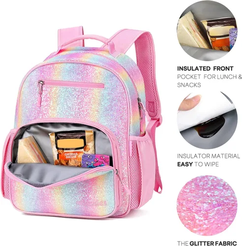 Vista 3 de mibasies Mochila para niñas y niños, ideal para niños y niñas, mochila para preescolar jardín de infantes y primaria, Glitter Rainbow, Niños-15"H