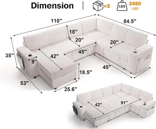 Vista 3 de WEUP Sofá cama modular de 111 pulgadas con cama extraíble, sofá de pana de felpa en forma de L de 7 asientos con diván de almacenamiento, puertos