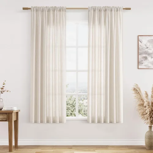 Vista 111 de Cortinas de lino verde aguamarina de 84 pulgadas de largo, juego de 2 paneles semitransparentes con bolsillo para barra para comedor, decoración