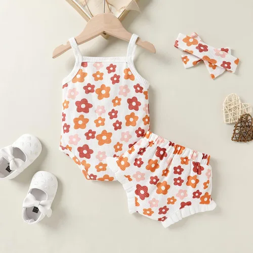 Vista 3 de YOUNGER TREE Ropa para bebé recién nacida, estampado floral, arcoíris, sin mangas, con volantes, pantalones cortos con cordón y diadema