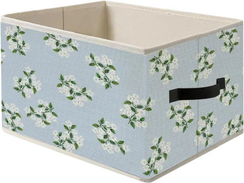 Vista 10 de Caja de Almacenamiento Floral Rústica Azul y Blanca con Asas, Canasta Organizadora Plegable Botánica de Flores Grandmillennial Caja de Juguetes