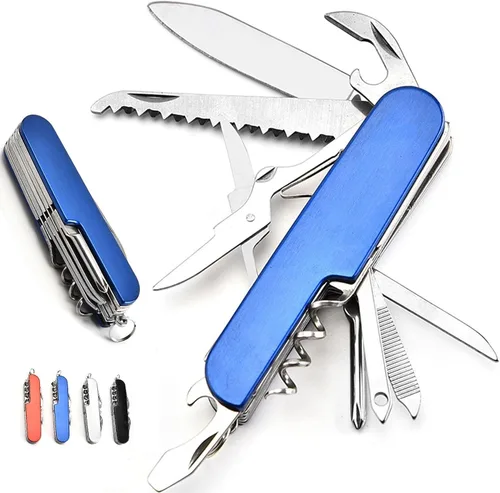 Vista 2 de Cuchillo de bolsillo de estilo suizo, multiherramienta de acero inoxidable de 11 funciones, plegable para acampar y al aire libre, herramienta