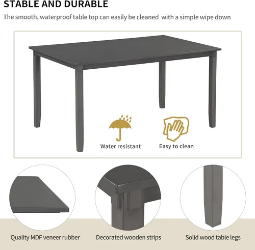 Vista 37 de Juego de mesa de comedor vintage de 6 piezas, juego de mesa de comedor de cocina de madera maciza con 4 sillas ergonómicas acolchadas y banco, mesa