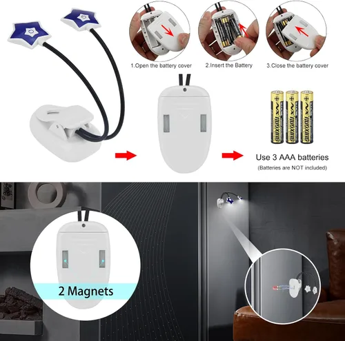 Vista 5 de LUXSWAY Paquete de 2 luces LED de lectura de libros, funciona con pilas, luz de libro para leer en la cama, 2 brillo ajustable para el cuidado
