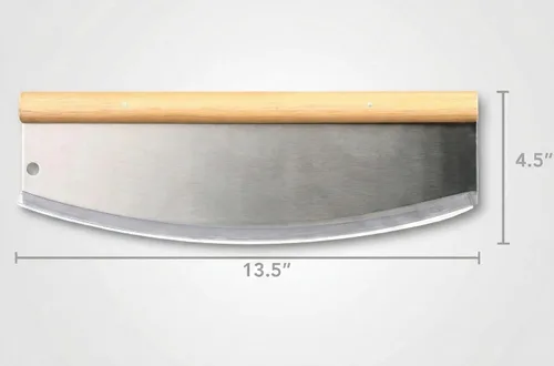 Vista 2 de Cuchillo mecedor profesional de acero inoxidable de 14 pulgadas, cortador de hoja de mango de madera con cubierta cómoda, rebanador de pizza