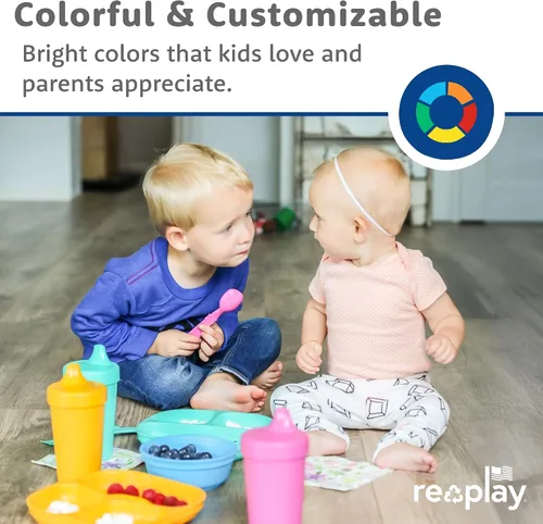 Vista 5 de Re-Play Juego de vajilla para niños pequeños, 3 platos divididos, 3 cuencos para aperitivos y 3 juegos de tenedores y cucharas, vajilla para niños