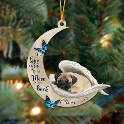 Vista 150 de Adorno colgante personalizado de ángel durmiendo en la luna, perro sabueso afgano, nombre personalizado, acrílico impreso en 2D plano – cumpleaños
