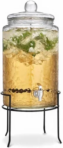 Vista 7 de HC Classic - Dispensador de bebidas frías de vidrio martillado, 3 galones, con tapa de vidrio y soporte de metal antiguo, espita 100% a prueba