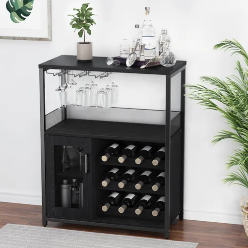 Vista 3 de IDEALHOUSE Armario de bar de vinos de 3 niveles con estante y cajón desmontable para vinos, aparador industrial y gabinete de buffet con soporte