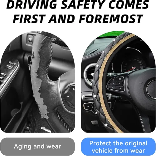 Vista 4 de Funda de cuero brillante para volante, 15 pulgadas, antideslizante, elástico, protector de volante con diamante brillante para mujeres y niñas