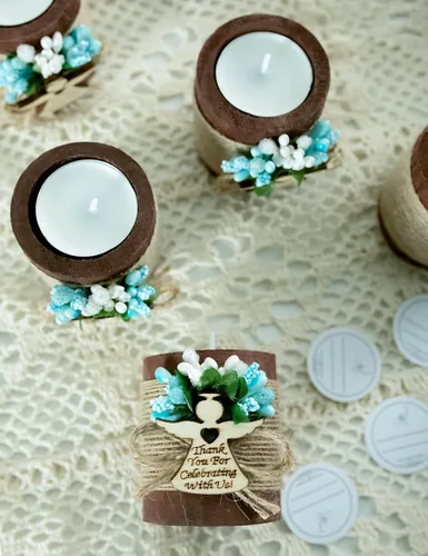 Vista 4 de Ju's Favors Juego de 10 portavelas de madera para recuerdos de bautismo para invitados, recuerdos de fiesta de baby shower (marrón oscuro - azul)
