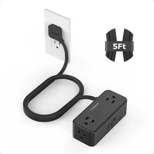 Vista 13 de Cable de extensión plano de 5 pies, TESSAN Regleta de protección contra sobretensiones con 4 tomas de CA ampliamente espaciadas, protección contra
