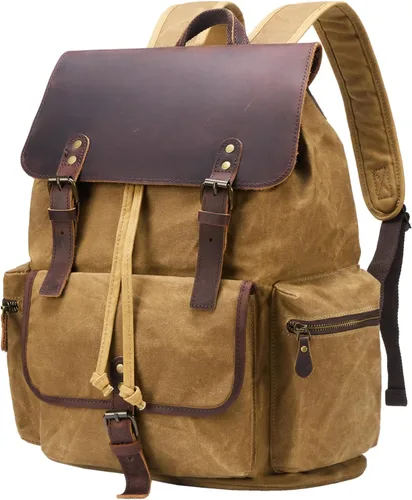 Vista 9 de Mochila de lona encerada vintage casual de cuero genuino para computadora portátil, mochila de hombro para viajes/senderismo/escuela, Verde militar