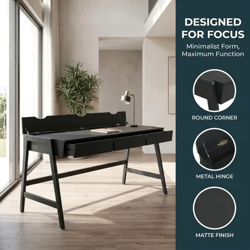 Vista 5 de HNY Escritorio de madera negra de 59 pulgadas con 3 cajones, mesa de estudio de computadora con parte superior de MDF, patas de madera maciza