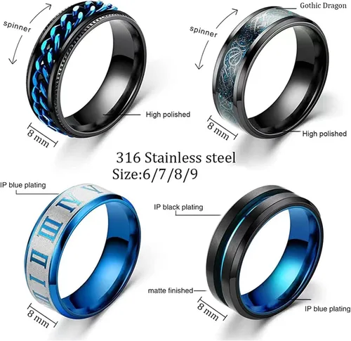 Vista 3 de FlgarGO 4 anillos de acero inoxidable para hombres Anillos giratorios para aliviar la ansiedad Anillos antiestrés Juego de anillos giratorios
