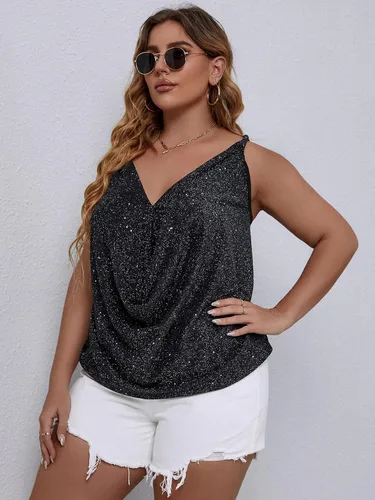 Vista 4 de Floerns Camiseta sin mangas con cuello drapeado con purpurina para mujer, talla grande