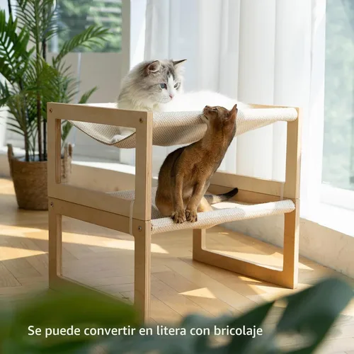 Vista 8 de FUKUMARU - Hamaca grande para gatos, cama elevada para perros en interiores y exteriores, lavable 21" Wooden Pet Beds, Breathable Linen Cat Couch
