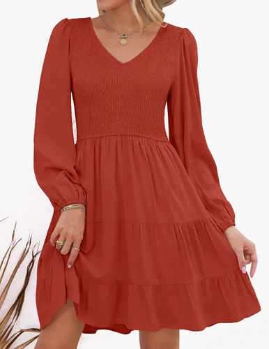 Vista 7 de ZESICA - Minivestido casual con cuello en V y manga larga para mujer, fruncido, de cintura alta y con volantes, vestido acampanado y escalonado