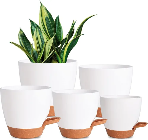 Vista 9 de Vanslogreen Macetas Paquete de 5, Macetas de 7/6.5/6/5.5/5 Pulgadas de Riego Automático con Agujeros de Drenaje para Plantas de Interior, Macetas