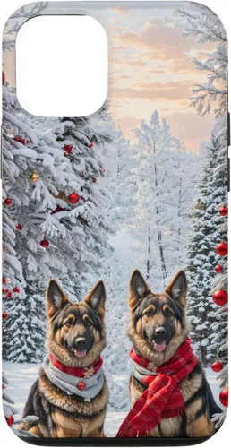 Vista 26 de iPhone 16 Lindo perro pastor alemán en paisaje nevado feliz Navidad caso